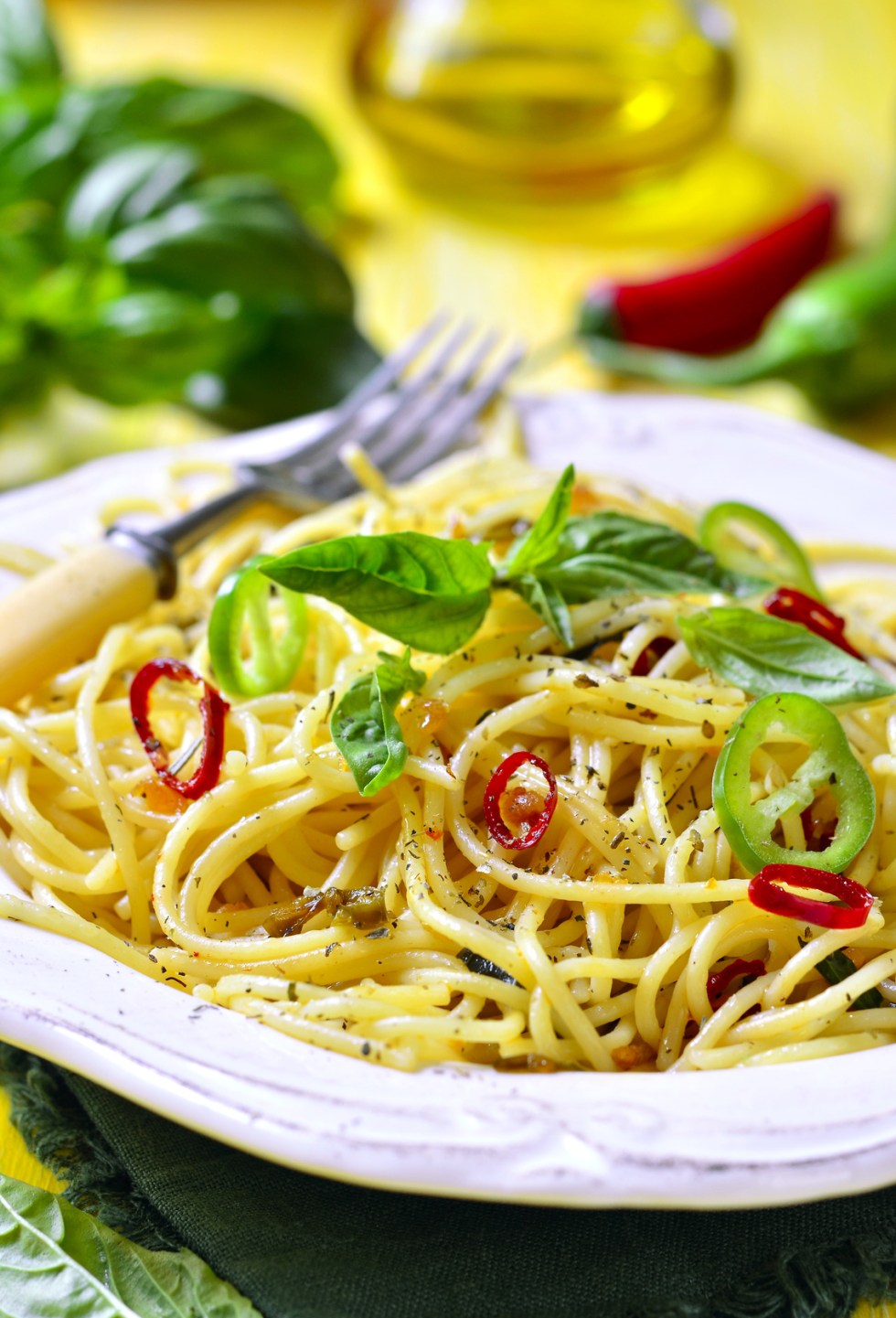 Spaghetti with chili,garlic and basil.